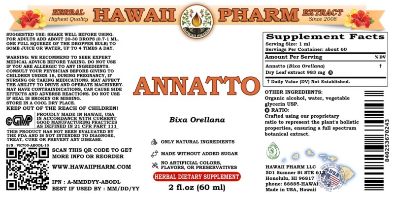 label of Annatto (<i>Bixa Orellana</i>) Dry Leaf Tincture
