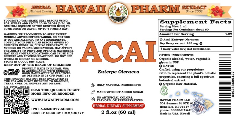 label of Acai (<i>Euterpe Oleracea</i>) Dry Berry Tincture
