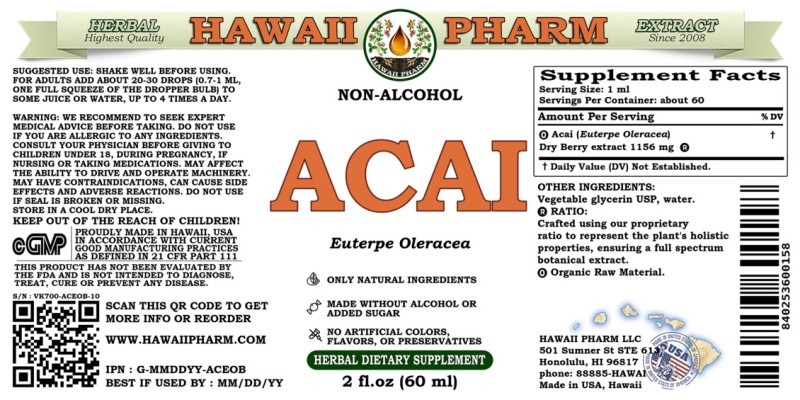 label of Acai (<i>Euterpe Oleracea</i>) Dry Berry Glycerite