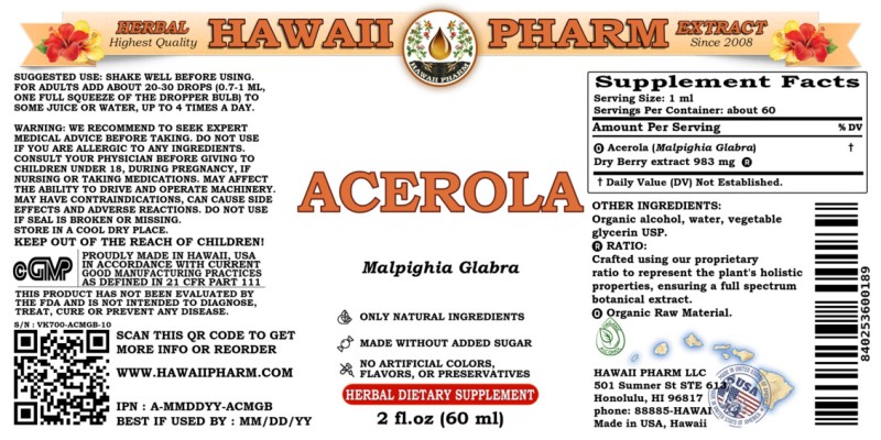label of Acerola (<i>Malpighia Glabra</i>) Dry Berry Tincture