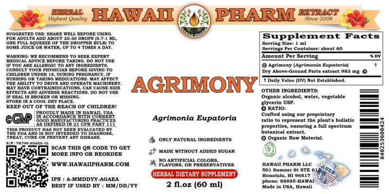 label of Agrimony (<i>Agrimonia Eupatoria</i>) Dry Above-Ground Parts Tincture