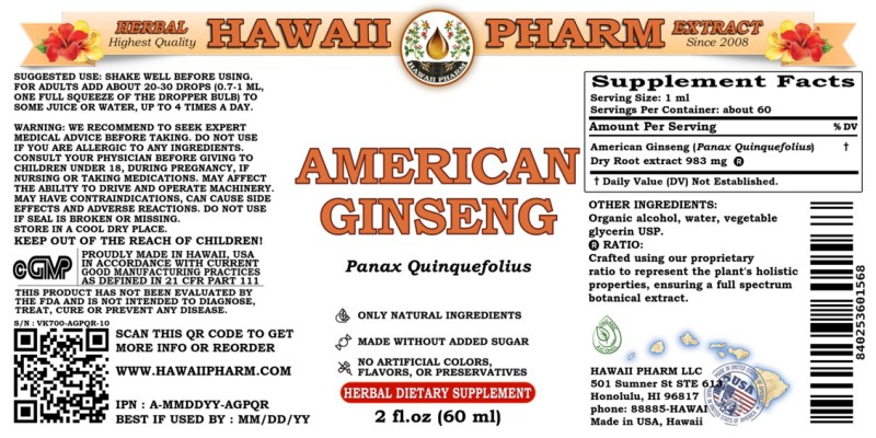 label of American Ginseng (<i>Panax Quinquefolius</i>) Dry Root Tincture
