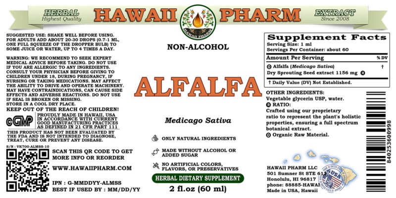label of Alfalfa (<i>Medicago Sativa</i>) Dry Sprouting Seed Glycerite