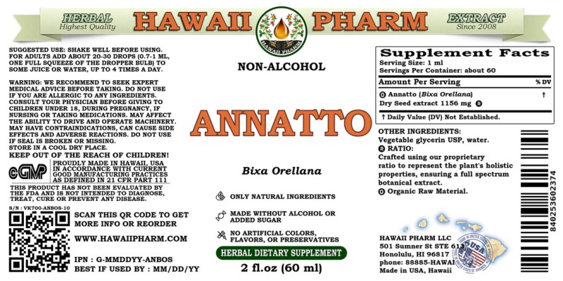 label of Annatto (<i>Bixa Orellana</i>) Dry Seed Glycerite