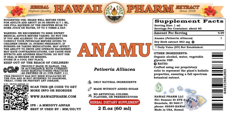 label of Anamu (<i>Petiveria Alliacea</i>) Dry Herb Tincture