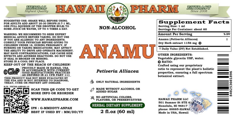 label of Anamu (<i>Petiveria Alliacea</i>) Dry Herb Glycerite