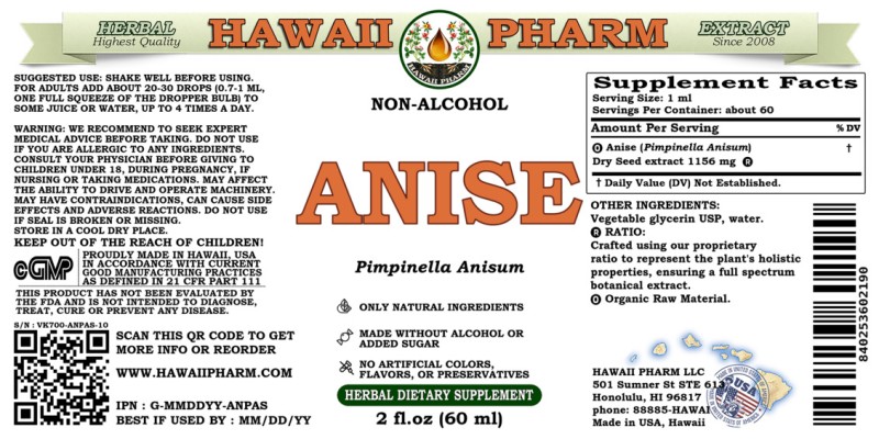 label of Anise (<i>Pimpinella Anisum</i>) Dry Seed Glycerite