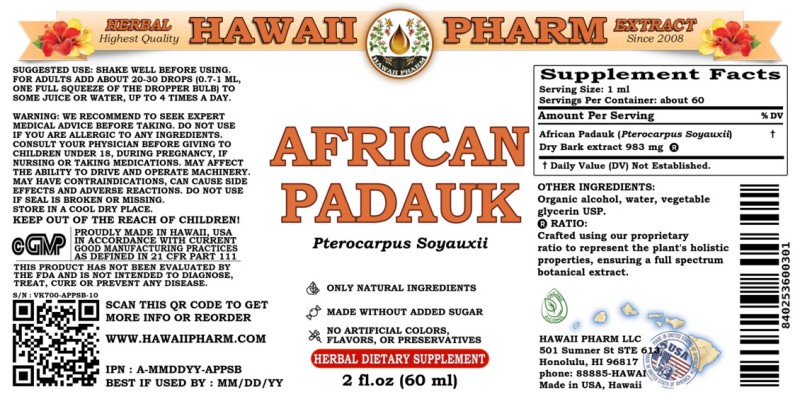 label of African Padauk (<i>Pterocarpus Soyauxii</i>) Dry Bark Tincture
