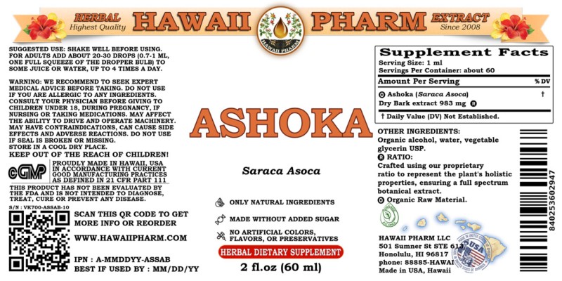 label of Ashoka (<i>Saraca Asoca</i>) Dry Bark Tincture
