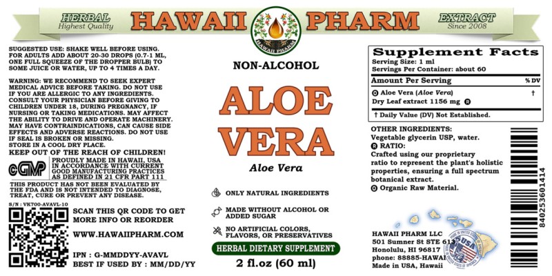 label of Aloe Vera (<i>Aloe Vera</i>) Dry Leaf Glycerite