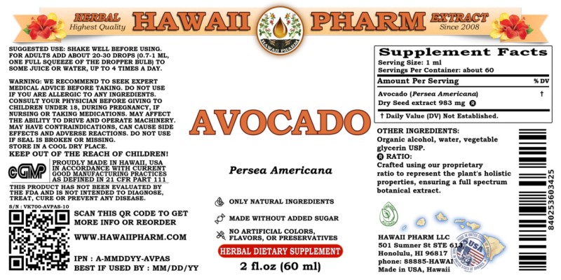 label of Avocado (<i>Persea Americana</i>) Dry Seed Tincture