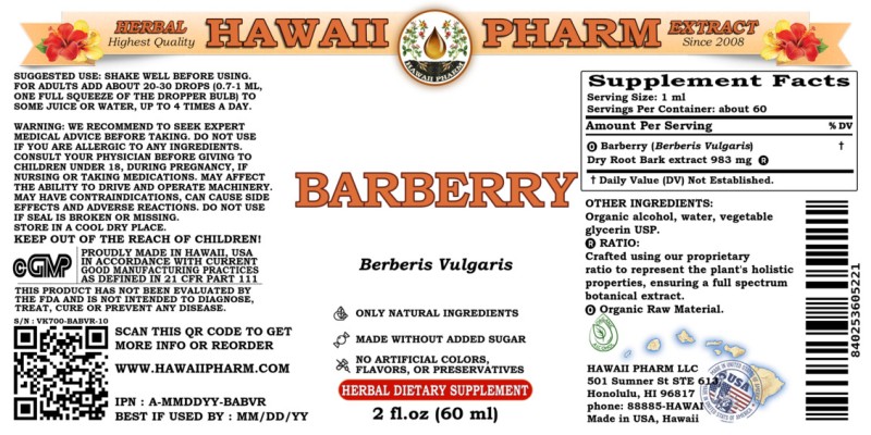 label of Barberry (<i>Berberis Vulgaris</i>) Dry Root Bark Tincture