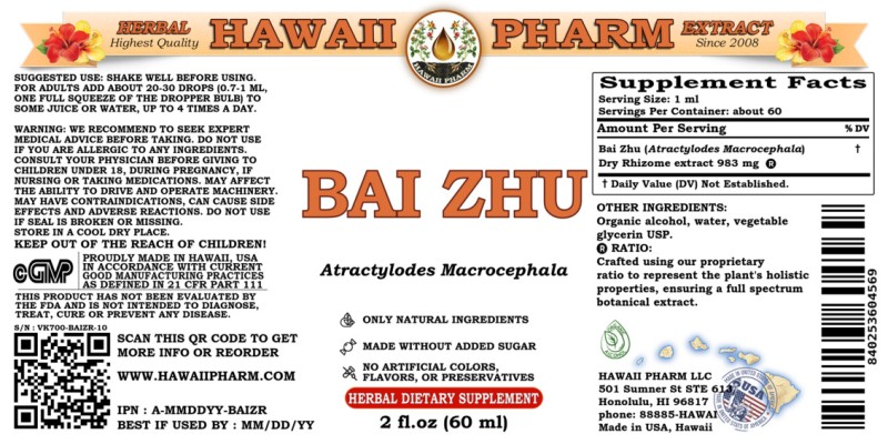 label of Bai Zhu (<i>Atractylodes Macrocephala</i>) Dry Rhizome Tincture