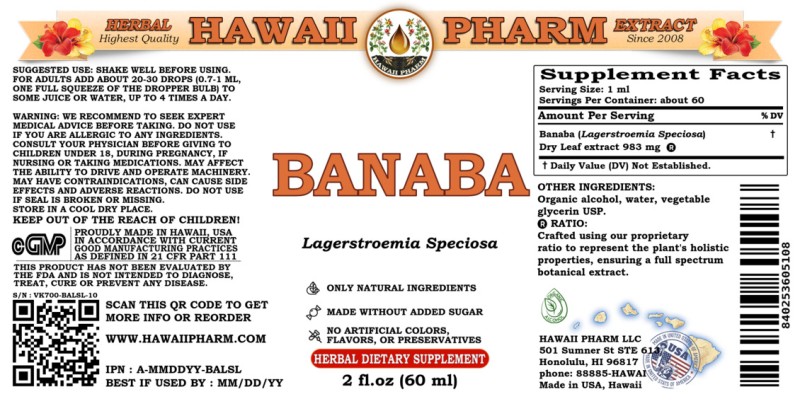label of Banaba (<i>Lagerstroemia Speciosa</i>) Dry Leaf Tincture