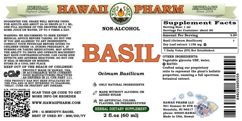 label of Basil (<i>Ocimum Basilicum</i>) Dry Leaf Glycerite