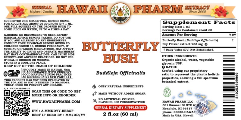 label of Butterfly Bush (<i>Buddleja Officinalis</i>) Dry Flower Tincture