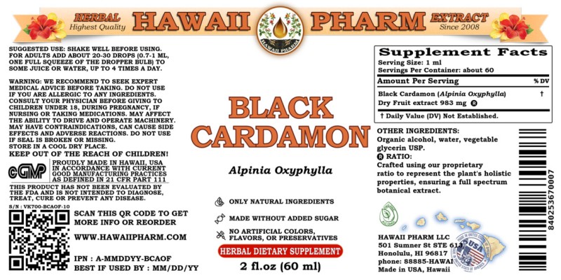 label of Black Cardamon (<i>Alpinia Oxyphylla</i>) Dry Fruit Tincture
