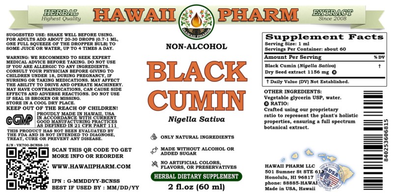 label of Black Cumin (<i>Nigella Sativa</i>) Dry Seed Glycerite