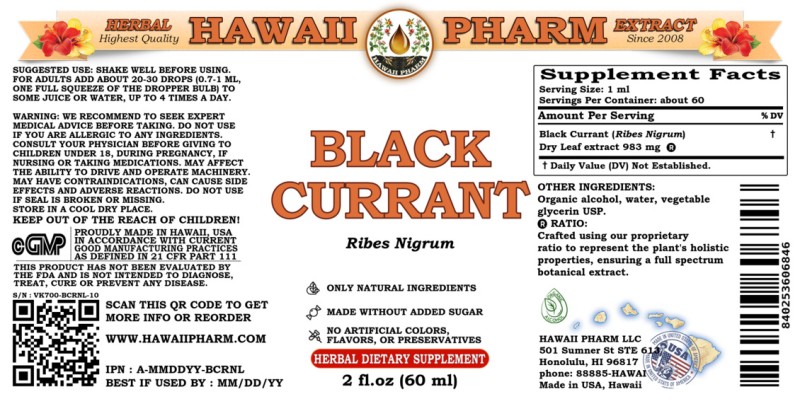 label of Black Currant (<i>Ribes Nigrum</i>) Dry Leaf Tincture