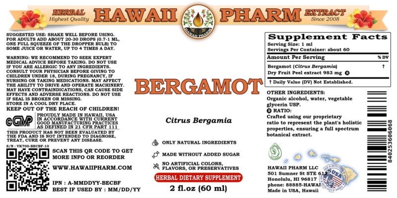 label of Bergamot (<i>Citrus Bergamia</i>) Dry Fruit Peel Tincture