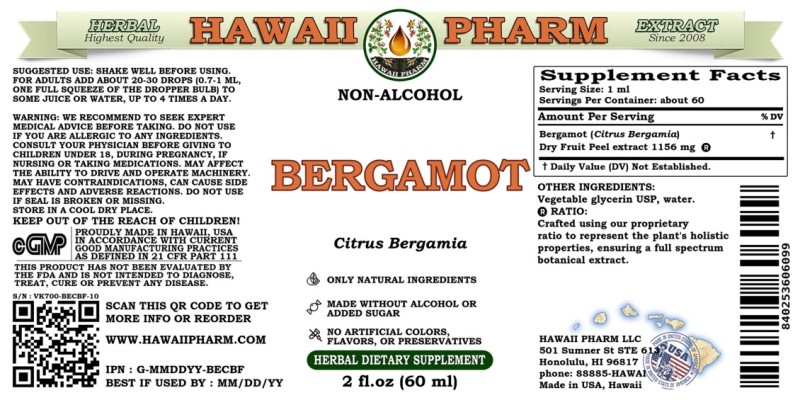 label of Bergamot (<i>Citrus Bergamia</i>) Dry Fruit Peel Glycerite