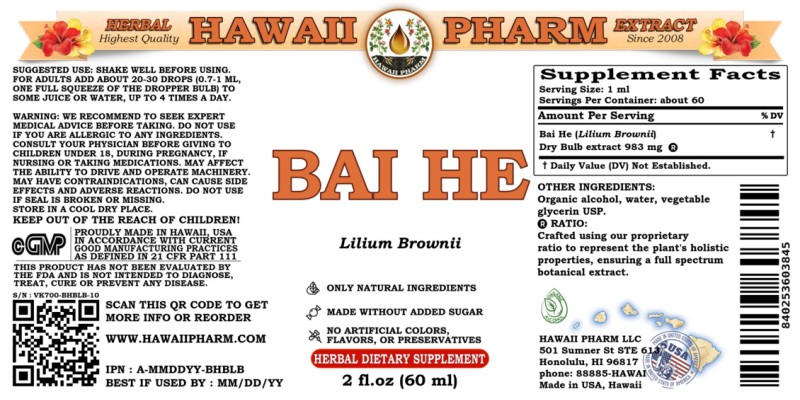 label of Bai He (<i>Lilium Brownii</i>) Dry Bulb Tincture