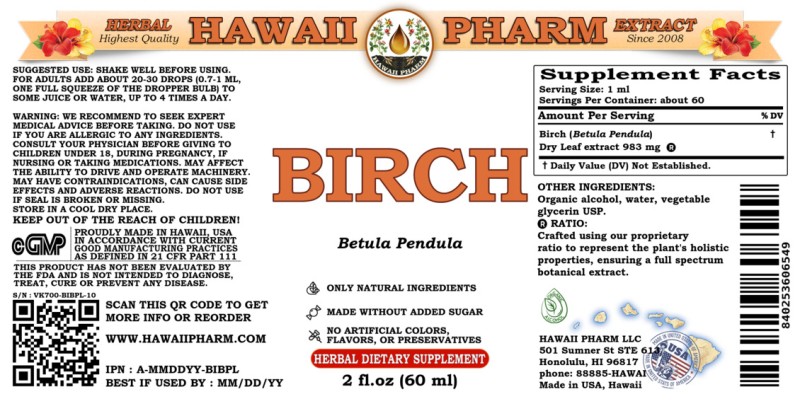 label of Birch (<i>Betula Pendula</i>) Dry Leaf Tincture