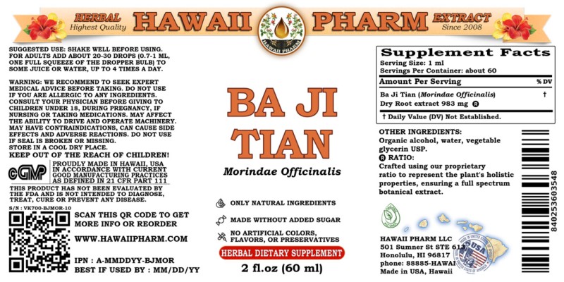 label of Ba Ji Tian (<i>Morindae Officinalis</i>) Dry Root Tincture
