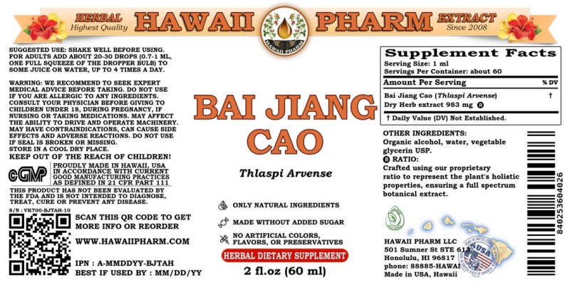 label of Bai Jiang Cao (<i>Thlaspi Arvense</i>) Dry Herb Tincture