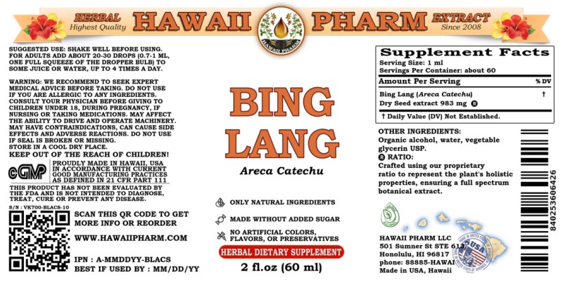 label of Bing Lang (<i>Areca Catechu</i>) Dry Seed Tincture