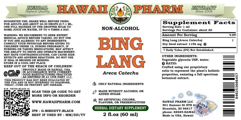 label of Bing Lang (<i>Areca Catechu</i>) Dry Seed Glycerite