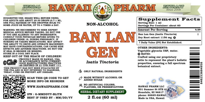label of Ban Lan Gen (<i>Isatis Tinctoria</i>) Dry Root Glycerite