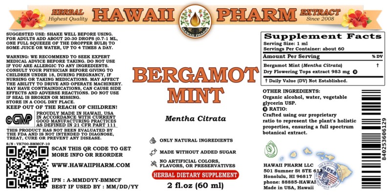 label of Bergamot Mint (<i>Mentha Citrata</i>) Dry Flowering Tops Tincture