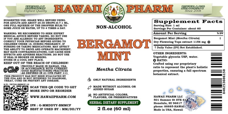 label of Bergamot Mint (<i>Mentha Citrata</i>) Dry Flowering Tops Glycerite