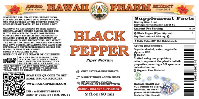 label of Black Pepper (<i>Piper Nigrum</i>) Dry Fruit Tincture