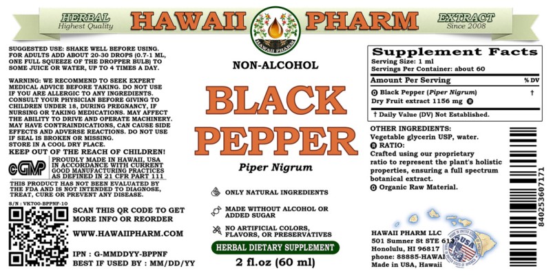label of Black Pepper (<i>Piper Nigrum</i>) Dry Fruit Glycerite