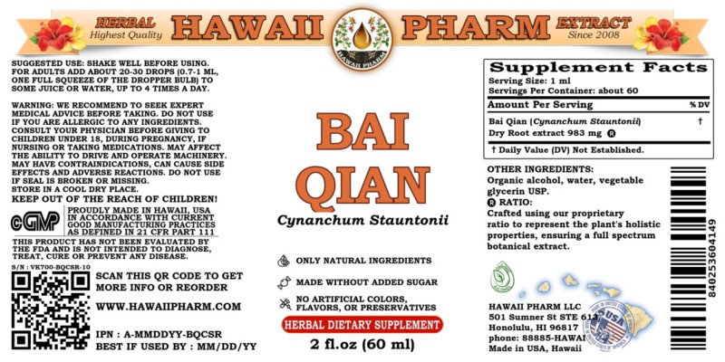 label of Bai Qian (<i>Cynanchum Stauntonii</i>) Dry Root Tincture