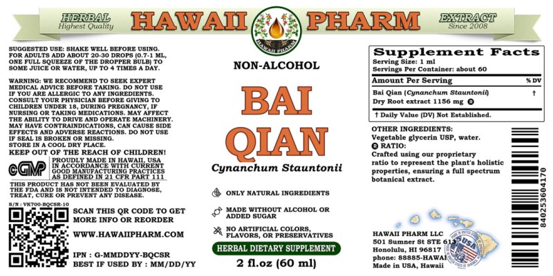 label of Bai Qian (<i>Cynanchum Stauntonii</i>) Dry Root Glycerite