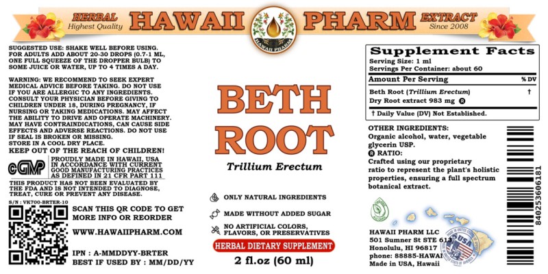 label of Beth Root (<i>Trillium Erectum</i>) Dry Root Tincture