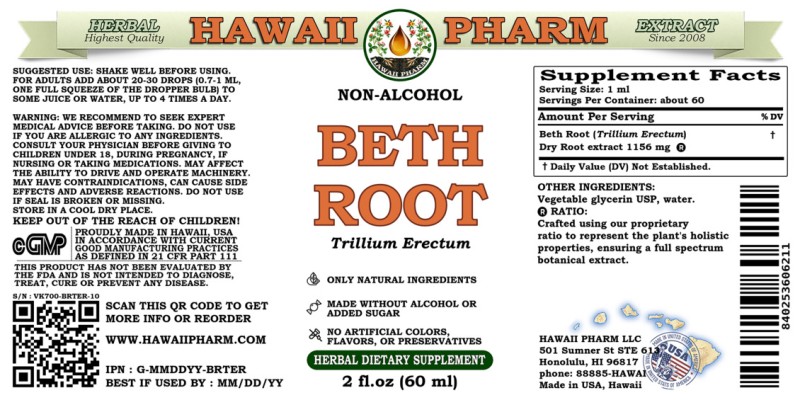 label of Beth Root (<i>Trillium Erectum</i>) Dry Root Glycerite