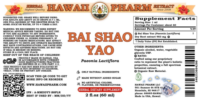 label of Bai Shao Yao (<i>Paeonia Lactiflora</i>) Dry Root Tincture