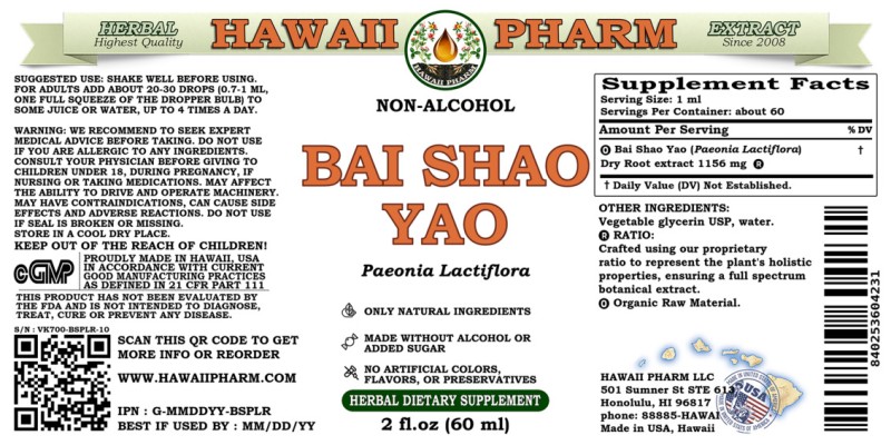 label of Bai Shao Yao (<i>Paeonia Lactiflora</i>) Dry Root Glycerite