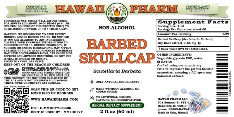label of Barbed Skullcap (<i>Scutellaria Barbata</i>) Dry Root Glycerite