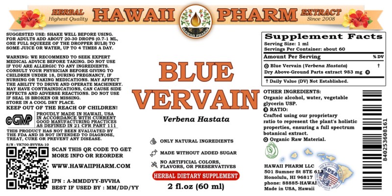 label of Blue Vervain (<i>Verbena Hastata</i>) Dry Aerial Parts Tincture
