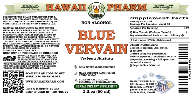 label of Blue Vervain (<i>Verbena Hastata</i>) Dry Aerial Parts Glycerite