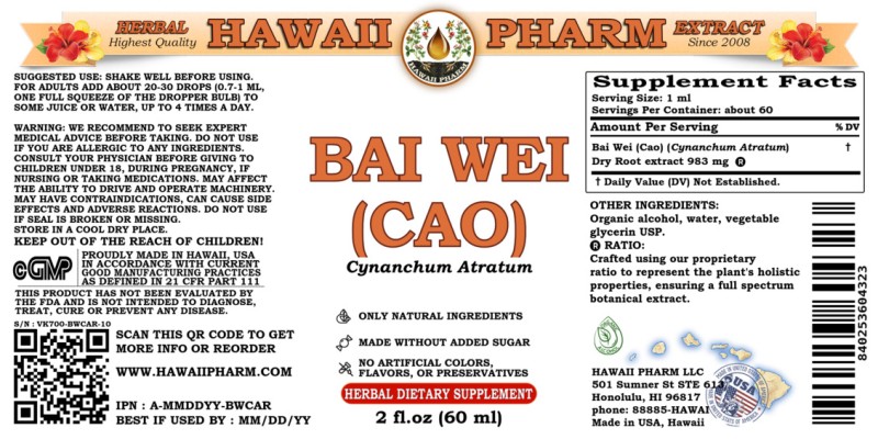label of Bai Wei (Cao) (<i>Cynanchum Atratum</i>) Dry Root Tincture