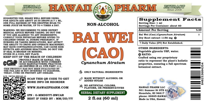 label of Bai Wei (Cao) (<i>Cynanchum Atratum</i>) Dry Root Glycerite
