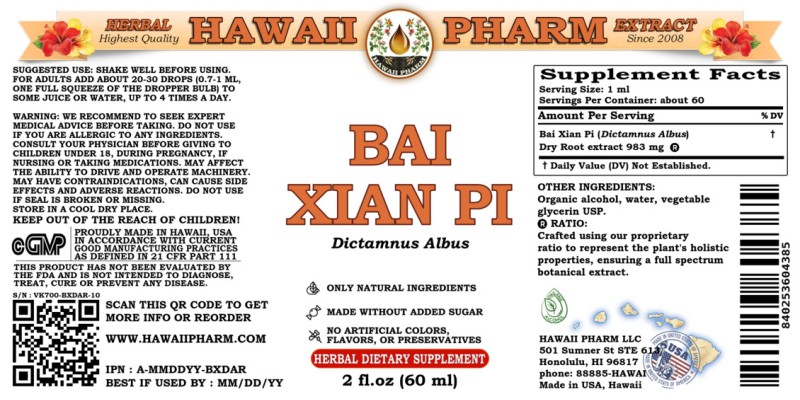 label of Bai Xian Pi (<i>Dictamnus Albus</i>) Dry Root Tincture