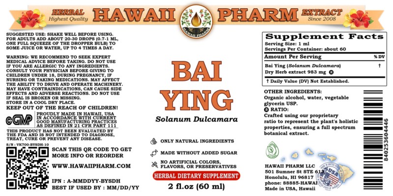 label of Bai Ying (<i>Solanum Dulcamara</i>) Dry Herb Tincture