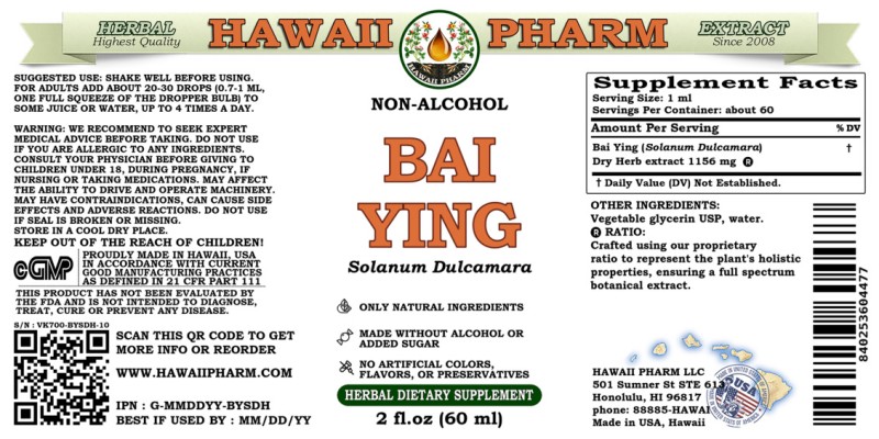 label of Bai Ying (<i>Solanum Dulcamara</i>) Dry Herb Glycerite